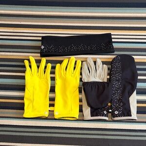 Lululemon Athletica Cold Terrain Ear Warmers, Yellow Gloves, and Black Mittens